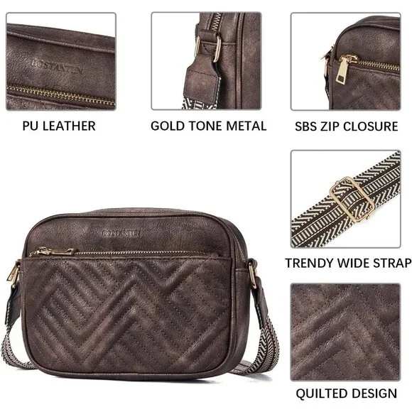 Women Coffee Imported Vegan Leather Quilted Small Shoulder Crossbody Handbags - Picture 5 of 8